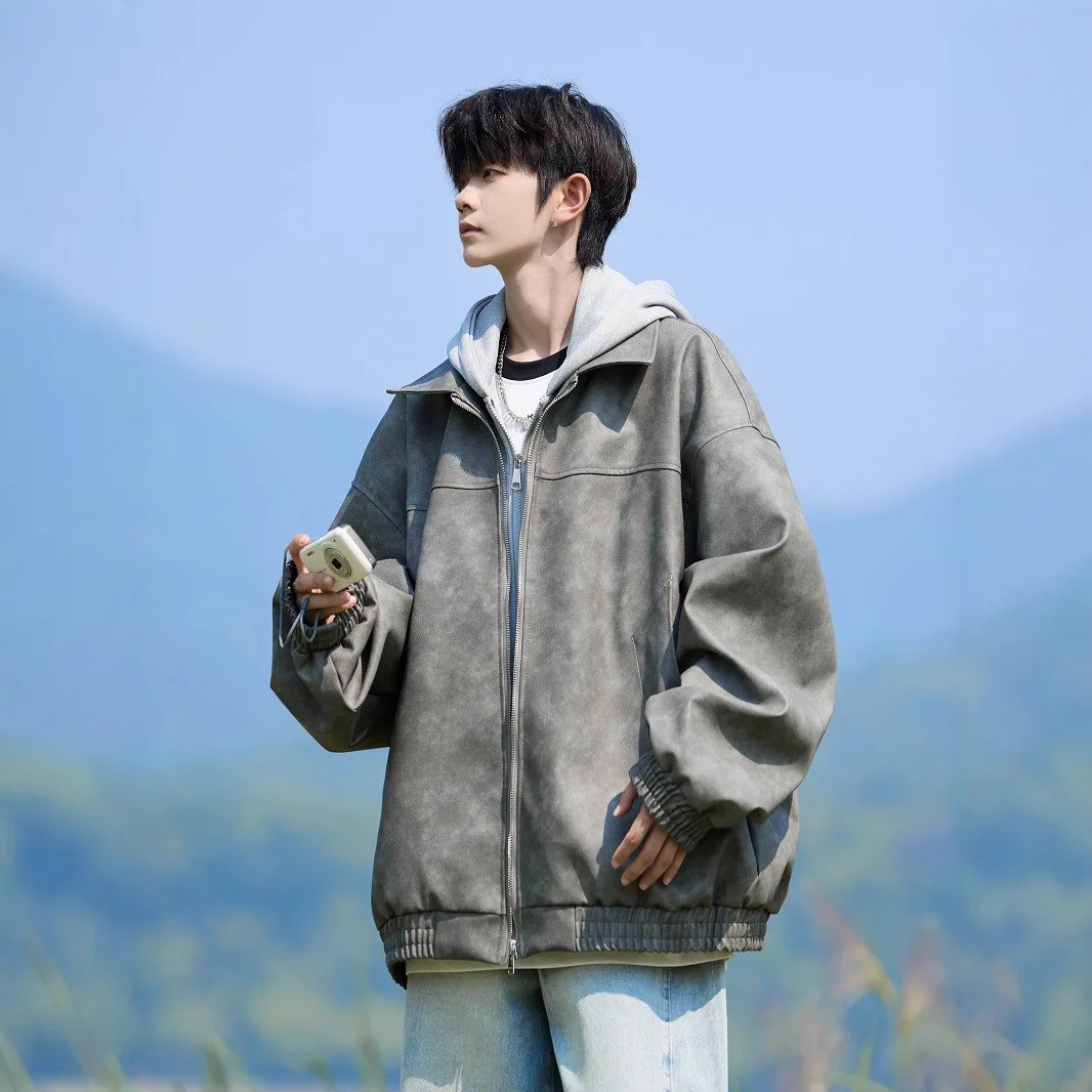 2025 Winter New Fashion Leather Jacket Men's Fake Two-Piece Comfortable Casual Boys Jacket Boutique Clothing Simple Style