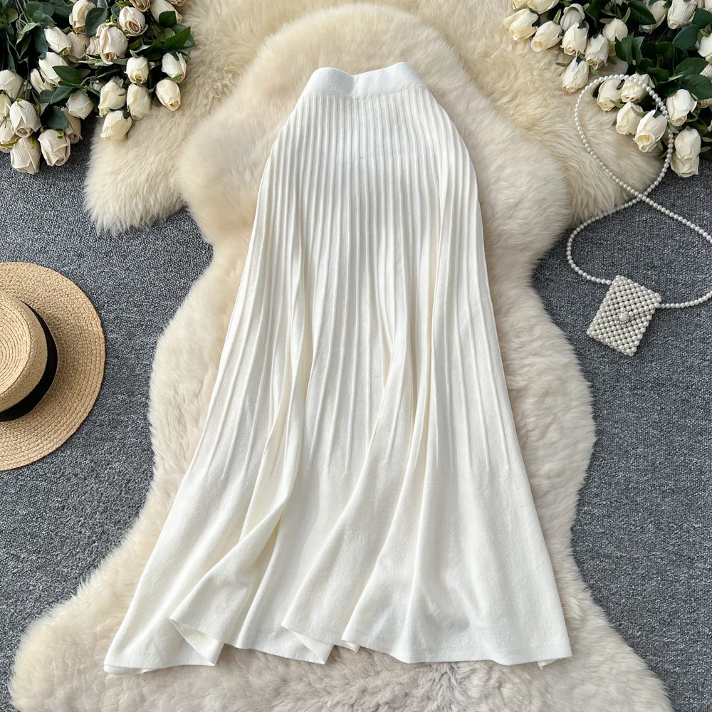 Damskie spódnice dzianinowe, plisowane, do kostek, w kształcie litery A, z elastyczną talią, luźne, eleganckie, codzienne, do biura, na wiosnę i jesień 2025.