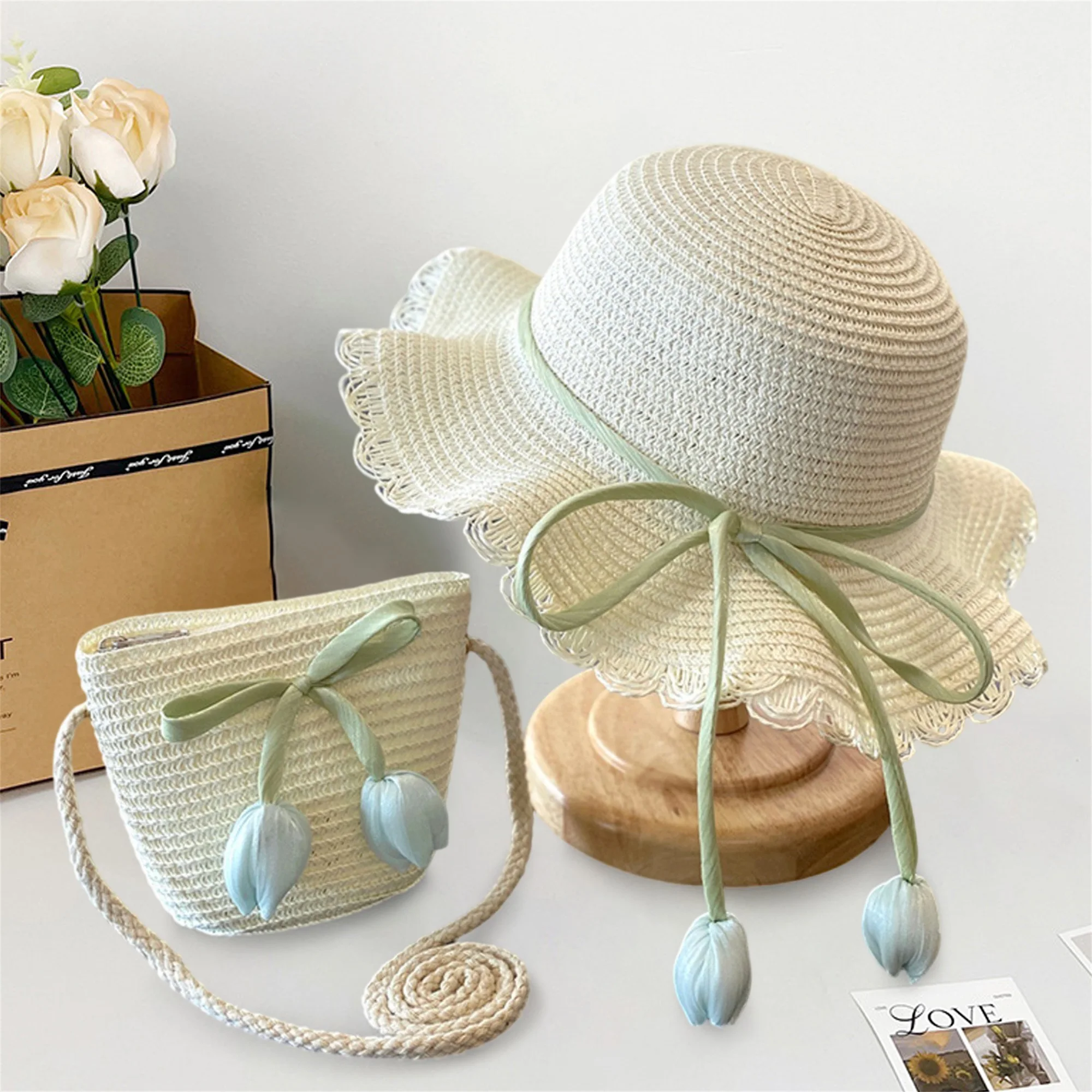 

Girls Summer Floral Print Sun Hat and Tote Bag Set with 3D Bow Detail Wide Brim Bucket Hat and Matching Crossbody Purse