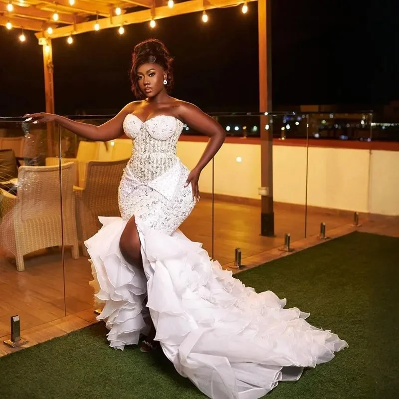 تخصيص زائد حجم فساتين الزفاف أثواب الزفاف للعروس حورية البحر الحبيب العنق الوهم مطرز الدانتيل مثير سبليت مطوي