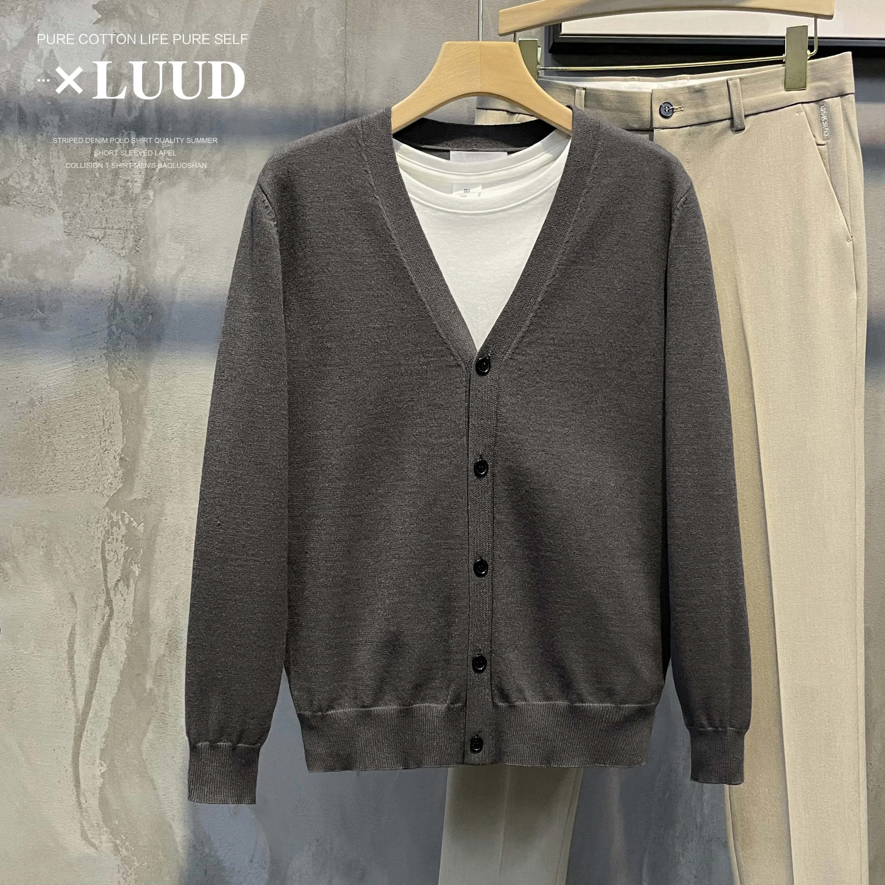 Luud Maglione da uomo lavorato a maglia con scollo a V e bottone singolo Versatile autunno inverno Cappotto lungo casual in puro colore casual