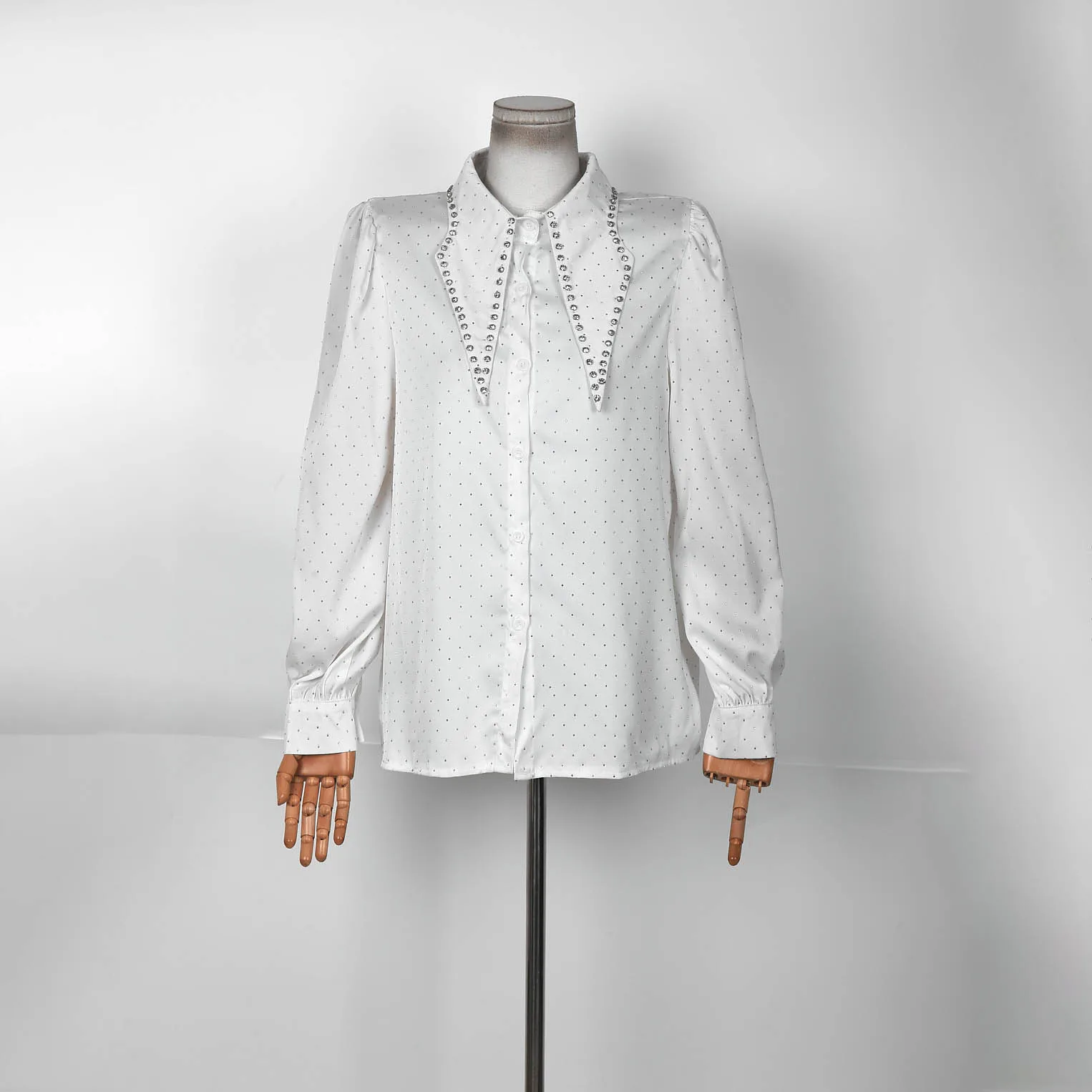 Hot 2025 Spring Women's Black Polka Dot Blouse with Pearl Embellished Collar Puff Sleeve Button Down Elegant Casual Shirt