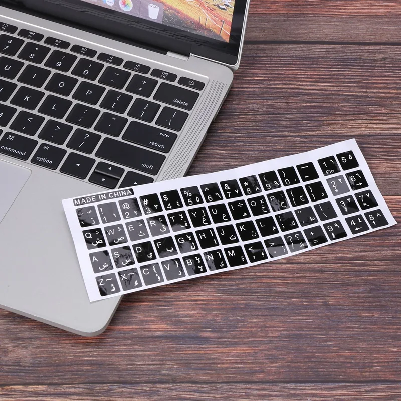 Autocollant de clavier en lettres blanches, anglais et arabe, décalcomanie noire pour ordinateur portable et PC
