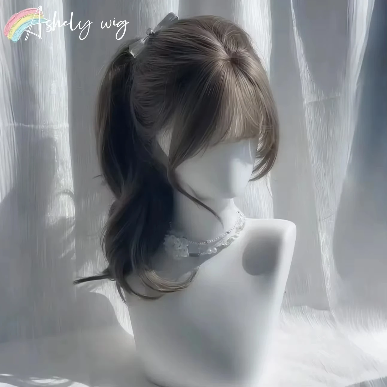 Серый Коричневый Парик с Челкой Длинные Волнистые Мягкие Волосы 24 дюйма Объемная Волна Парик Лолита Синтетическое Высокотемпературное Волокно Повязка на Голову Ежедневное Использование 가발