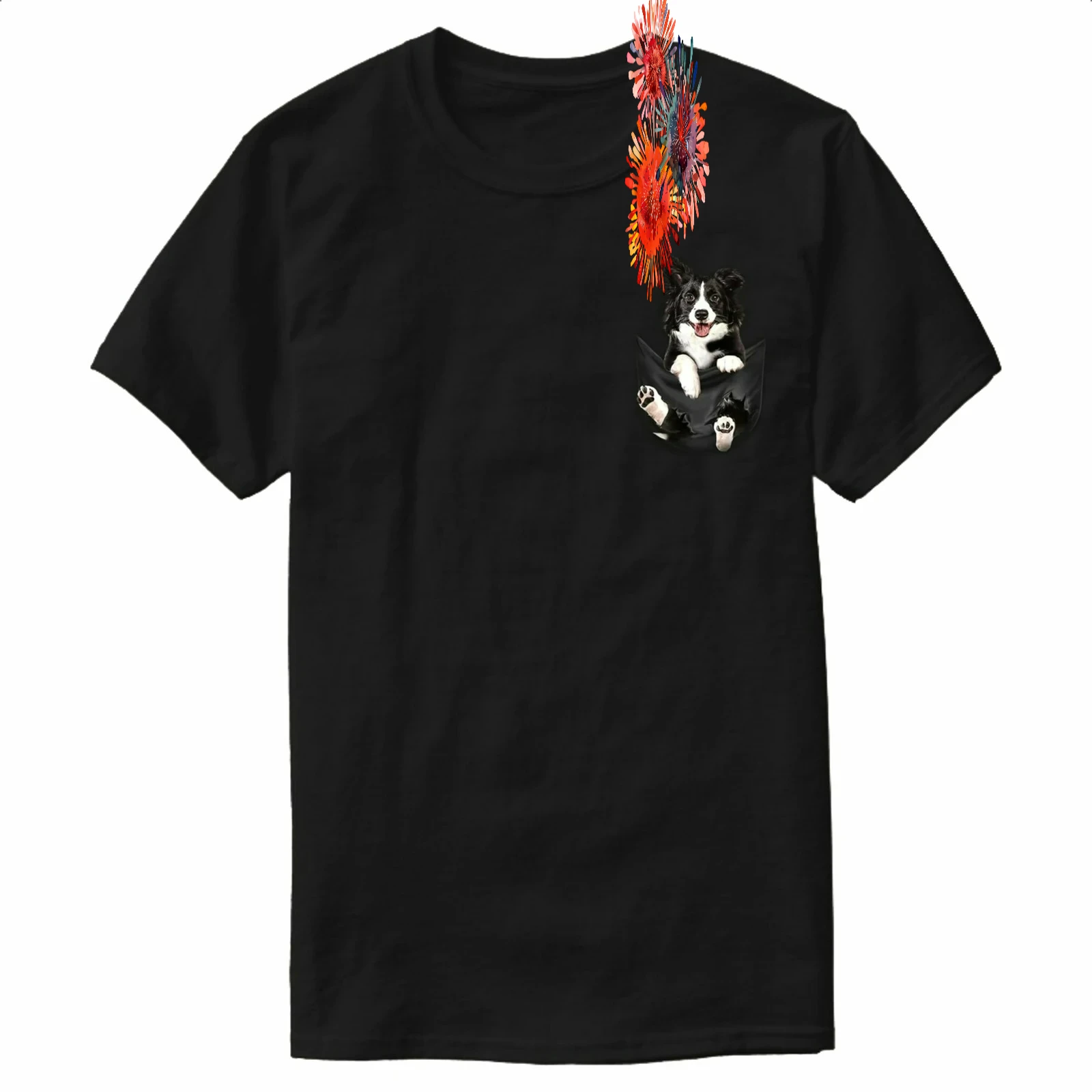 Border Collie In Pocket Cute Puppy Funny Dog Lovers Unisex T-Shirt 100% Cotton O-Neck Summer Short Sleeve Casual Mens T-shirt