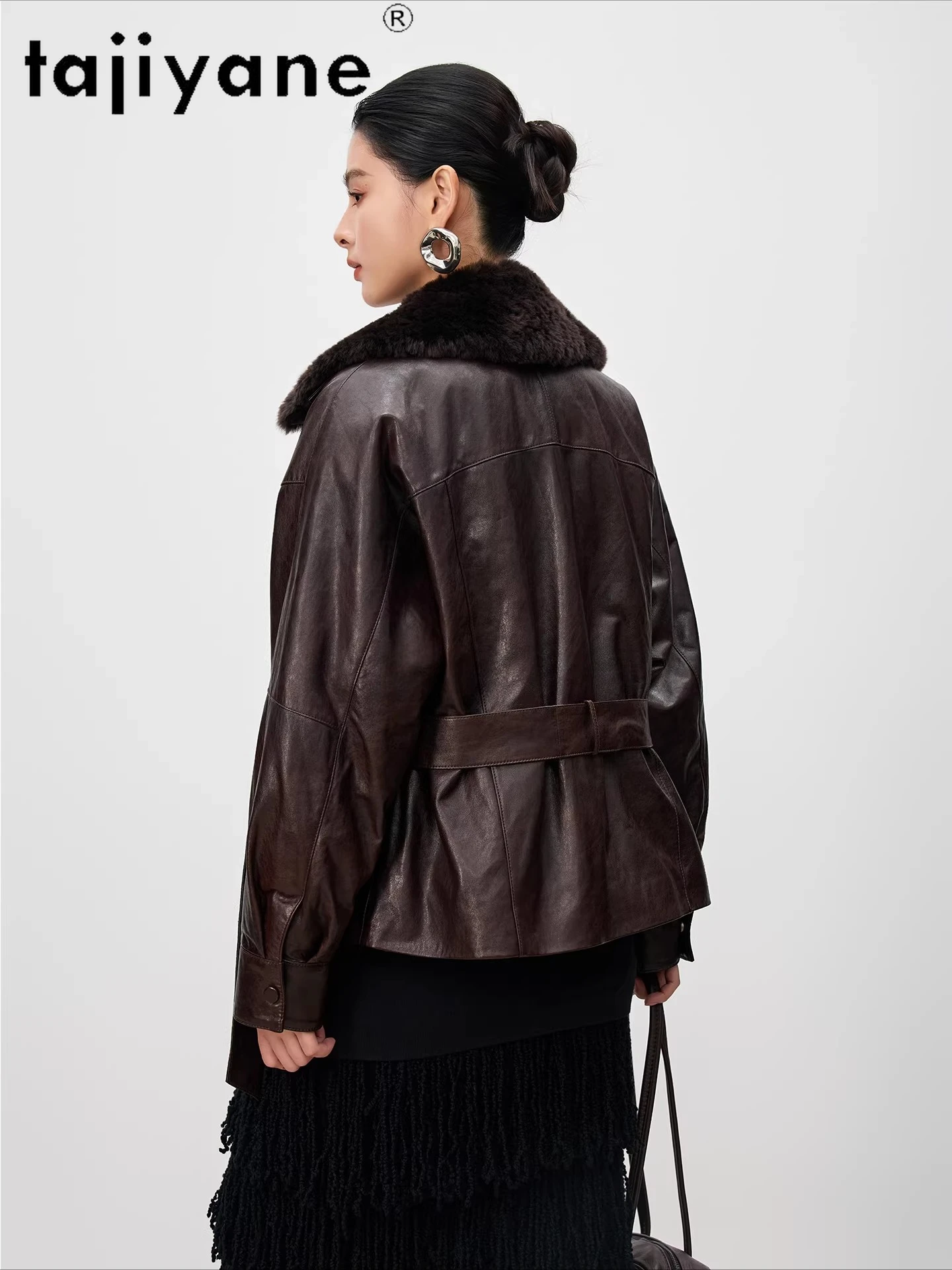 TAJIYANE Cappotto in piuma d'oca di pelle di pecora Donna Colletto in lana Piumini Giacca corta in vera pelle con cintura 2025 Abiti invernali шу sì