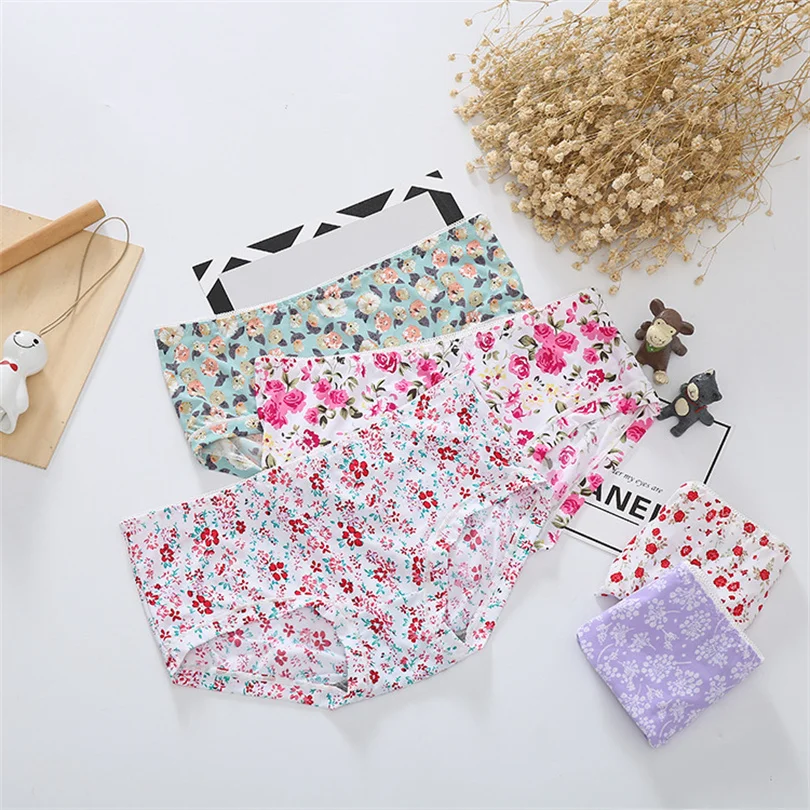 Women Floral Panties Female Underwear Girls Fresh Briefs Sexy Mid Waist Ice Silk Trousers Fashion Brief Girls Student Underpants