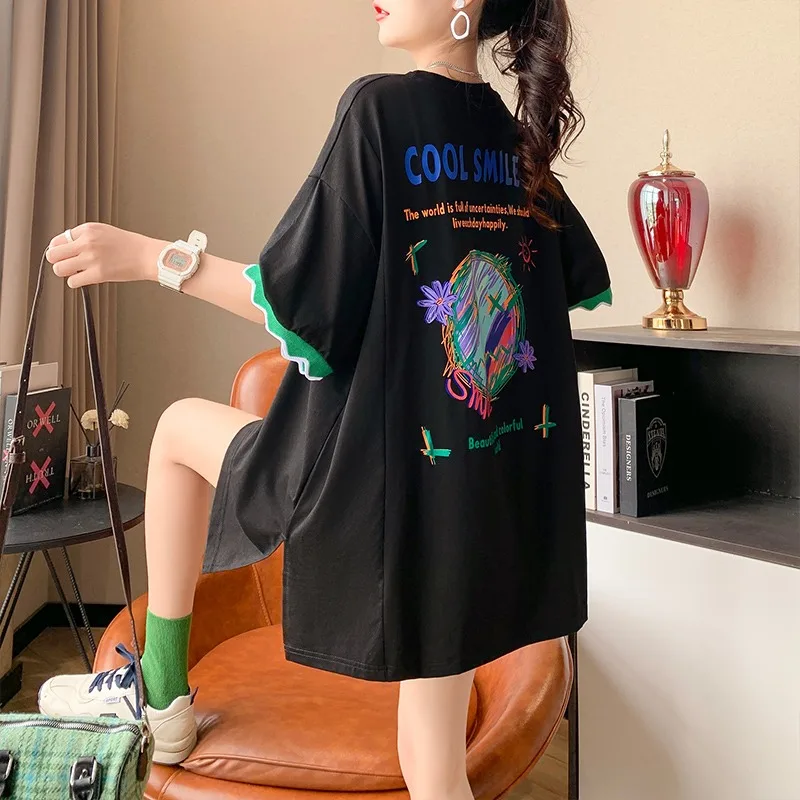 Fashionable Color-block Slit Short-sleeved T-shirt Women's Summer Midi Length Loose Half-sleeved T-shirt Y2k Top