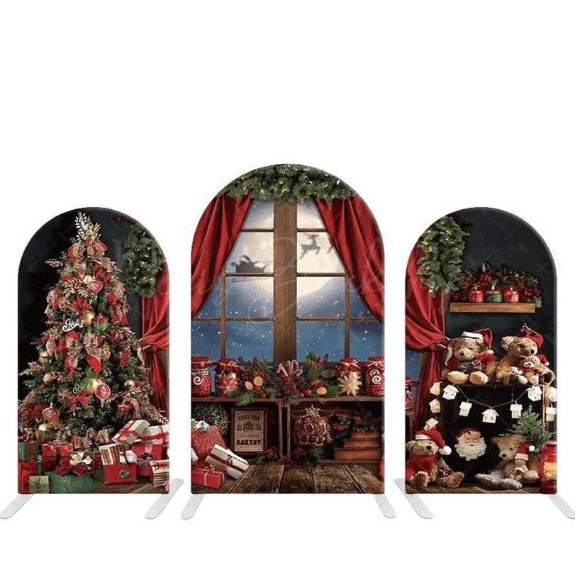 

Night moon Santa Window Christmas Trees Gifts Teddy Bear Arch Backdrop Cover Background For Photo Booth Xmas Party Decorations