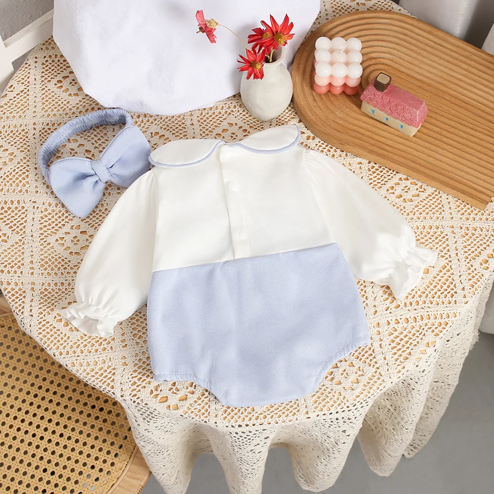 2024 Autumn Baby Girls Clothes Infant Peter Pan Tulip Bodysuit With Bow Headband Toddler Long Sleeve One Piece