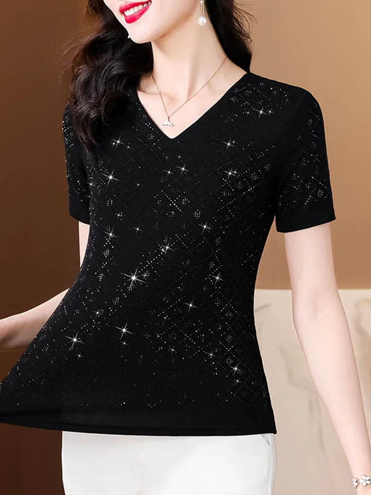 Slim Fit Pure Cotton Short Sleeve T-Shirt Women's Fashion Spring Summer New Style V-Neck Body Shape Enhancing Top
