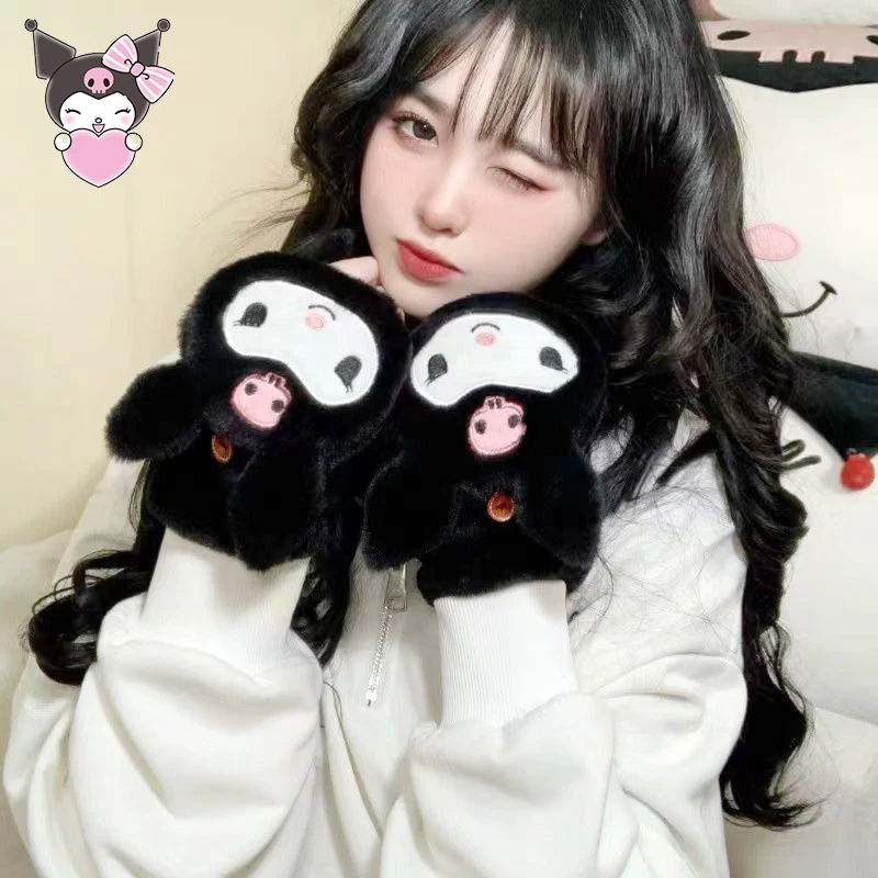 Sanrioed Kuromi guantes de felpa con tapa para mujer, dibujos animados de Anime Kawaii, nuevo invierno, chica, estudiante, grueso, cálido, suave, regalo de Festival