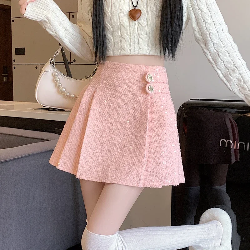 Mini Skirt Y2K Streetwear High Waist Sequined Tweed Pleated Skirts Women School Girl A-Line Skater Jupe Femme