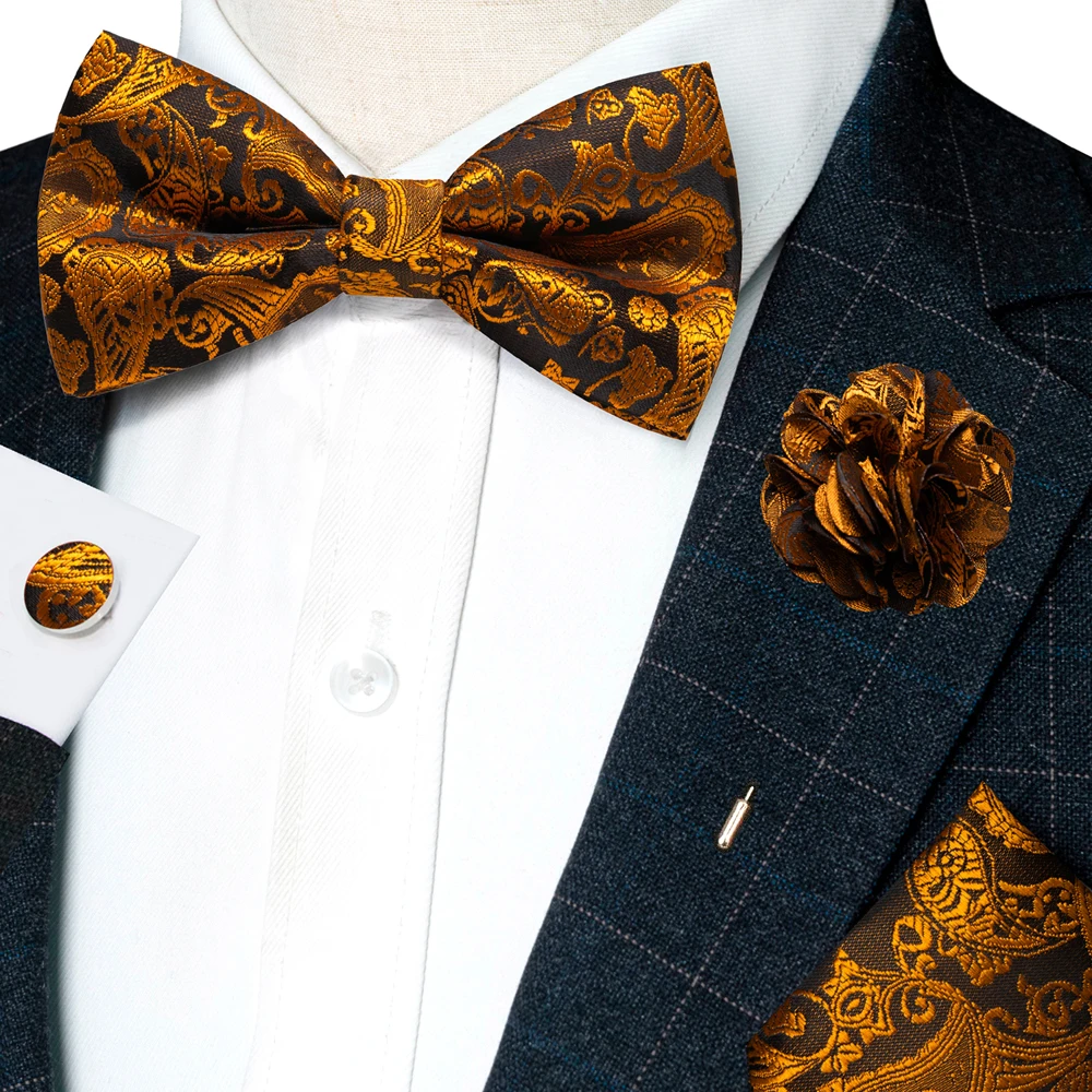 Champagner-Seiden-Jacquard-Paisley-Fliege für Herren, Brosche, Einstecktuch, Manschettenknöpfe-Set, vorgebundene Fliege mit Schmetterlingsknoten für Männer, Hochzeit, Geschäft – Detail 29
