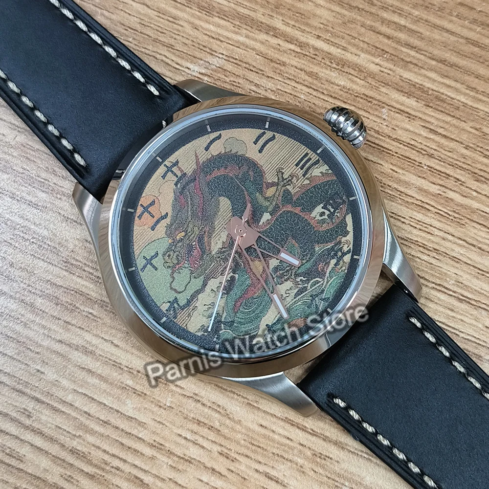 42mm Parnis Automatic Movement Men\'s Casual Black Capital Numerals Wristwatch Sapphire Crystal Dragon Drawing Custom Made Dial