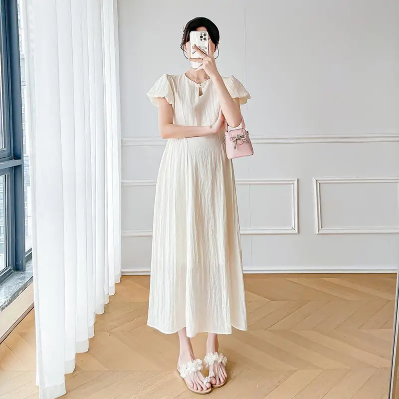 Short Sleeves Maternity Dress for Summer 2025 Puff Sleeve Hollow Out Collar Long Loose Pregnant Woman Pleated Dress Solid Color