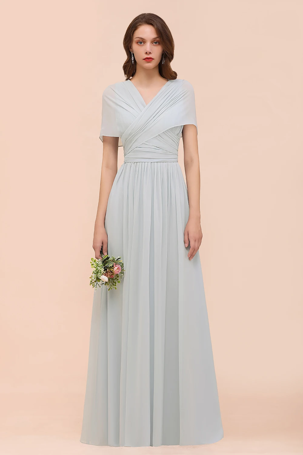 

Chiffon V-neck Simple Multi Wearing Method Bridesmaid Dresses Women's Plain Pleats Ruffles Belt Sleeveless Wedding Evening Dress