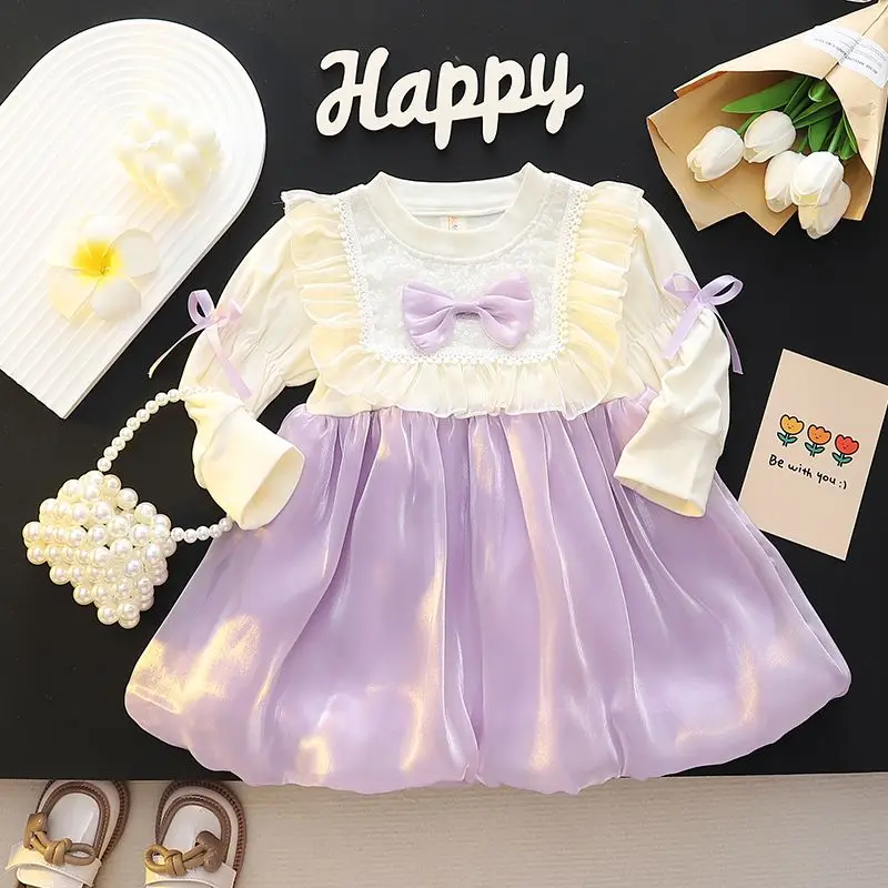 Kids Girls Princess Cute Bow Dress 2024 New Arrival Children Shinny Mesh Stitching Dresses Pink Cute Bud Dress Korean Style