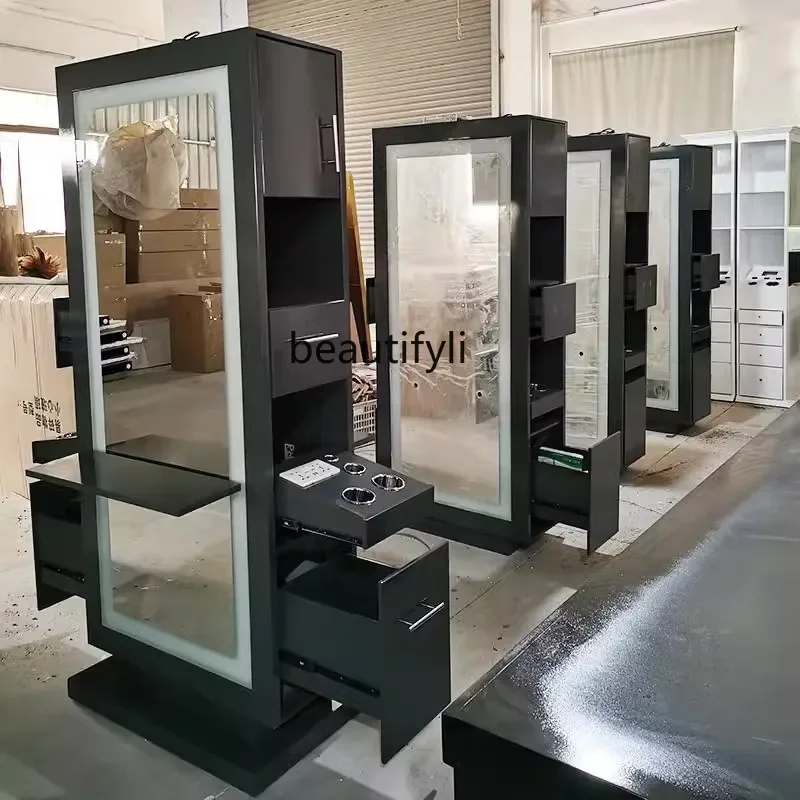 SS NewBarber shop mirror counter cabinet integrated desktop double-sided hairdressing mirror hair salon special makeup with ligh