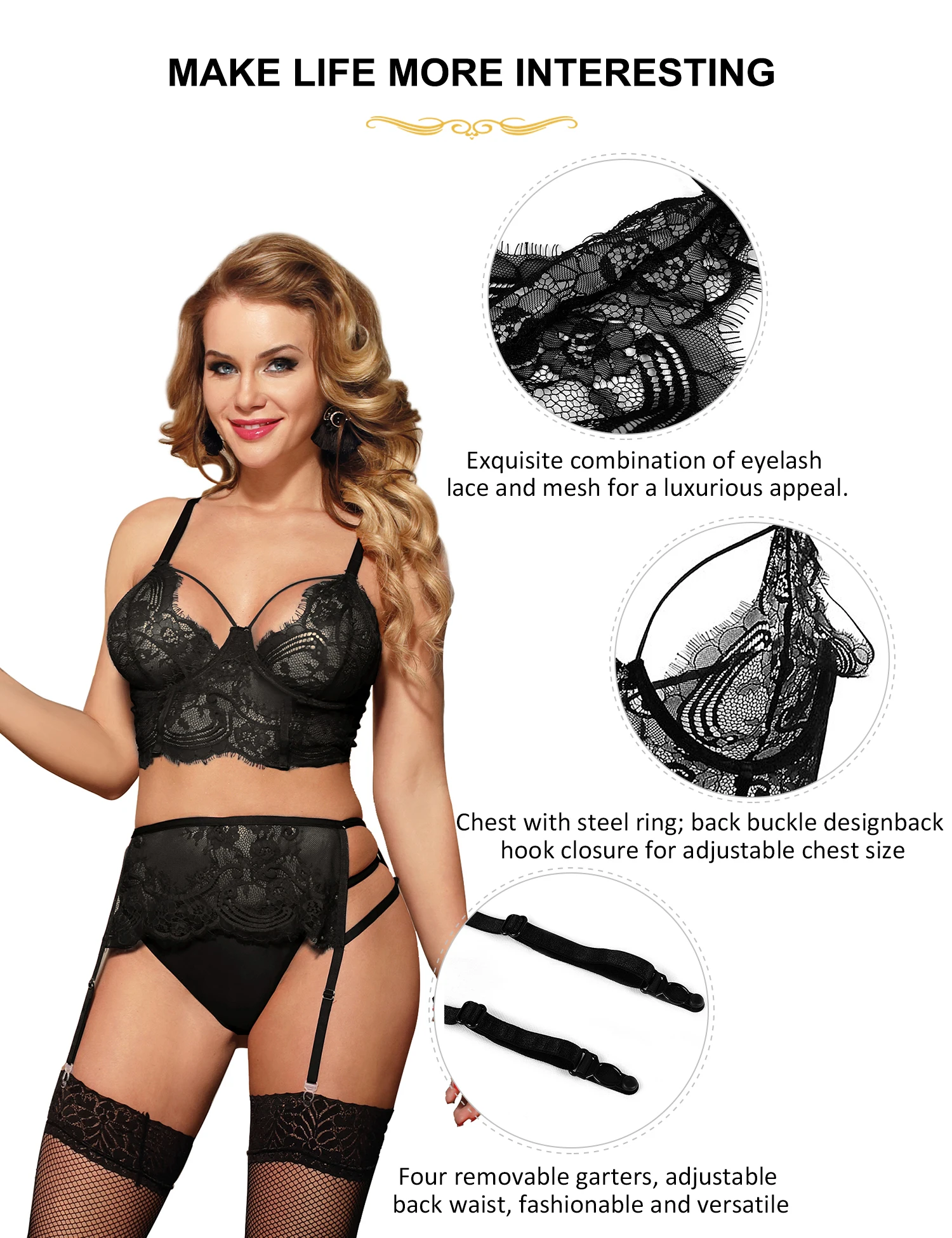 Ohyeahlady Women\'s Floral Lace Bra and Panties Sets Black Open Bust Underwired Plus Size Garter Hot Lingerie Set with Steel Ring