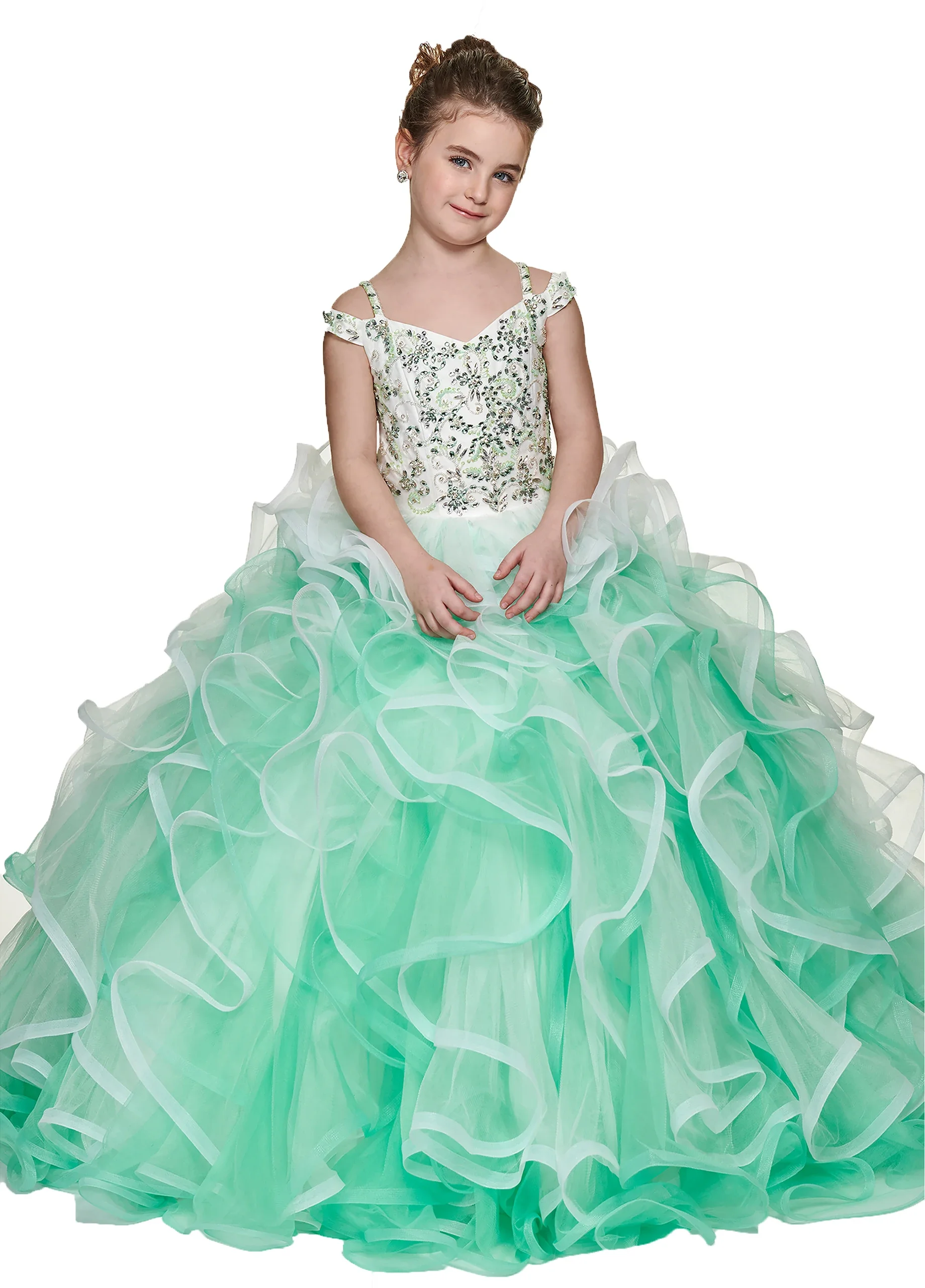 Custom Luxury Dress Wedding Guest Gown Off Shoulder Beaded Ruffled Tulle Kids Gown For Luxury Birthday Party Pageant Runway