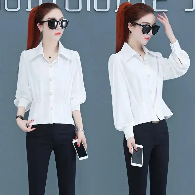 

Spring Autumn Women's Foreign Sle Chiffon irt New De Pure Color Versatile Square Collar Long Sve Ladies' Blouse