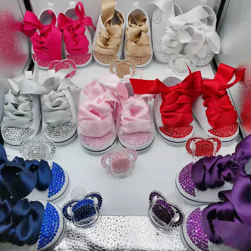 Girl Canvas Sneakers Newborn Baby Boy Rhinestone Espadrilles Personalized Name Date Infant Crib Shoes and Pacifier Set