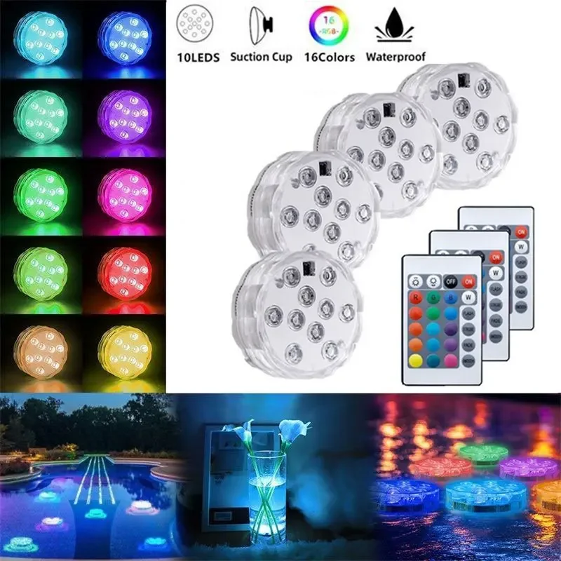

10leds RGB Led Submersible Light Underwater Night Lamp Battery Operated Garden Swimming Pool Light For Wedding Party Vase Bowl