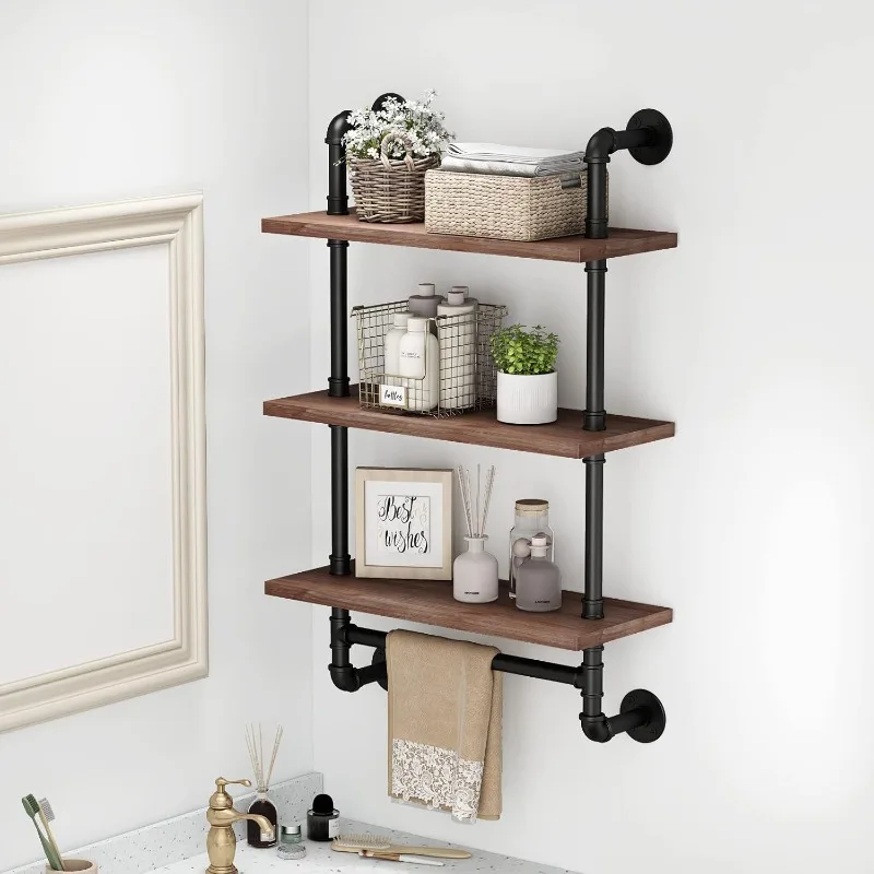 Industrial Pipe Bathroom Shelves Rustic Wood Shelves with Towel Bar 24