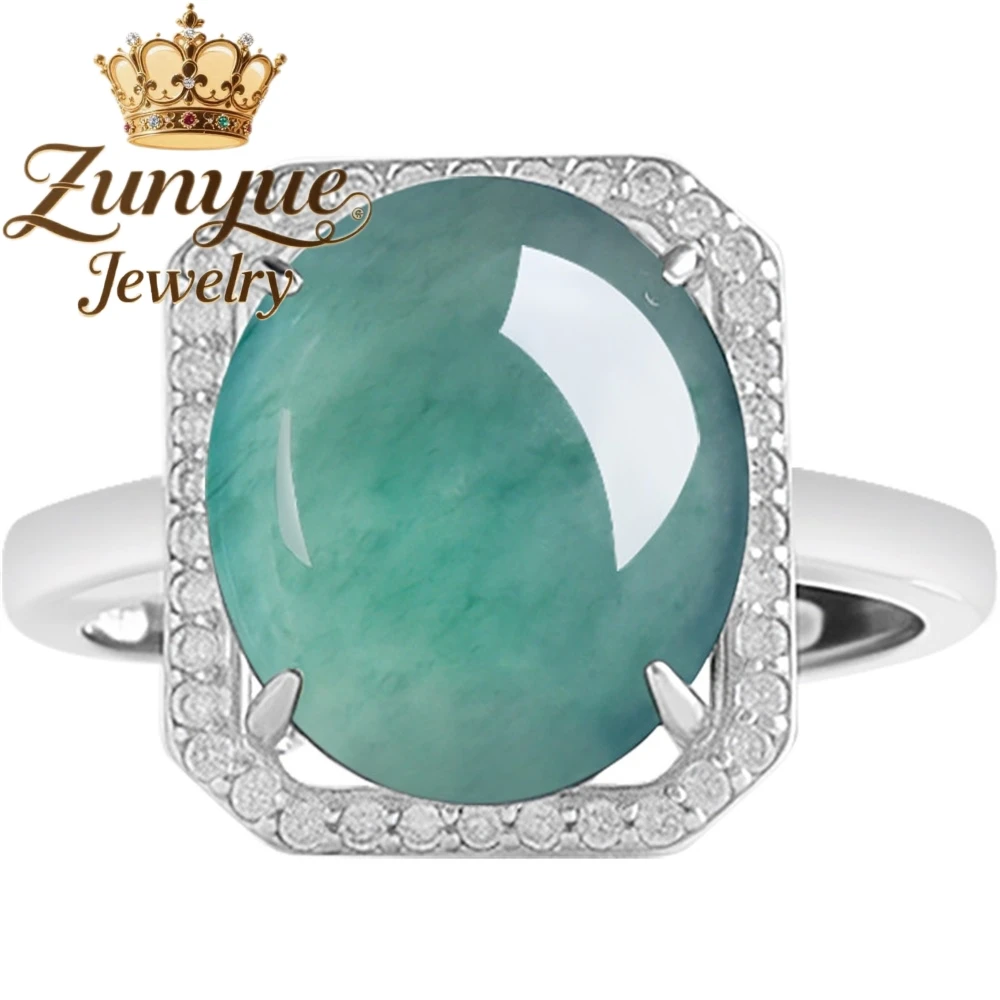 

Natural A-Grade Jadeite Blue Water Large Egg Face Square Ring Ice-Type Jade Fashionable Ring S925 Silver Women's Ring Adjustable