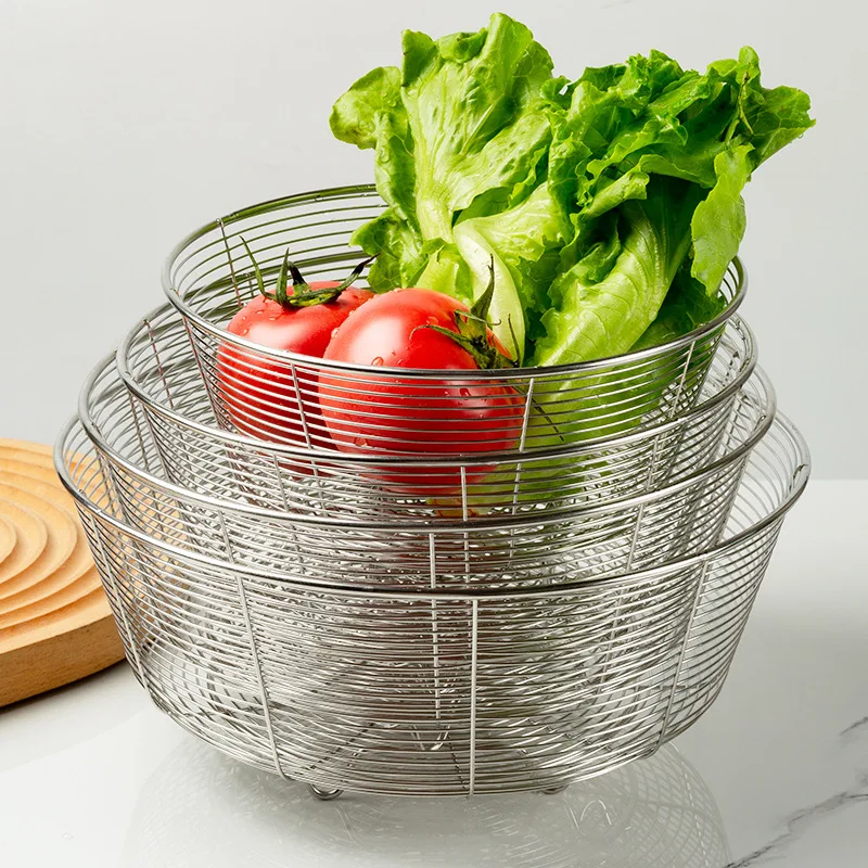 Stainless Steel Drain Basket - Kitchen Sink Vegetable Strainer, Round Fruit Storage Rack for Home Use