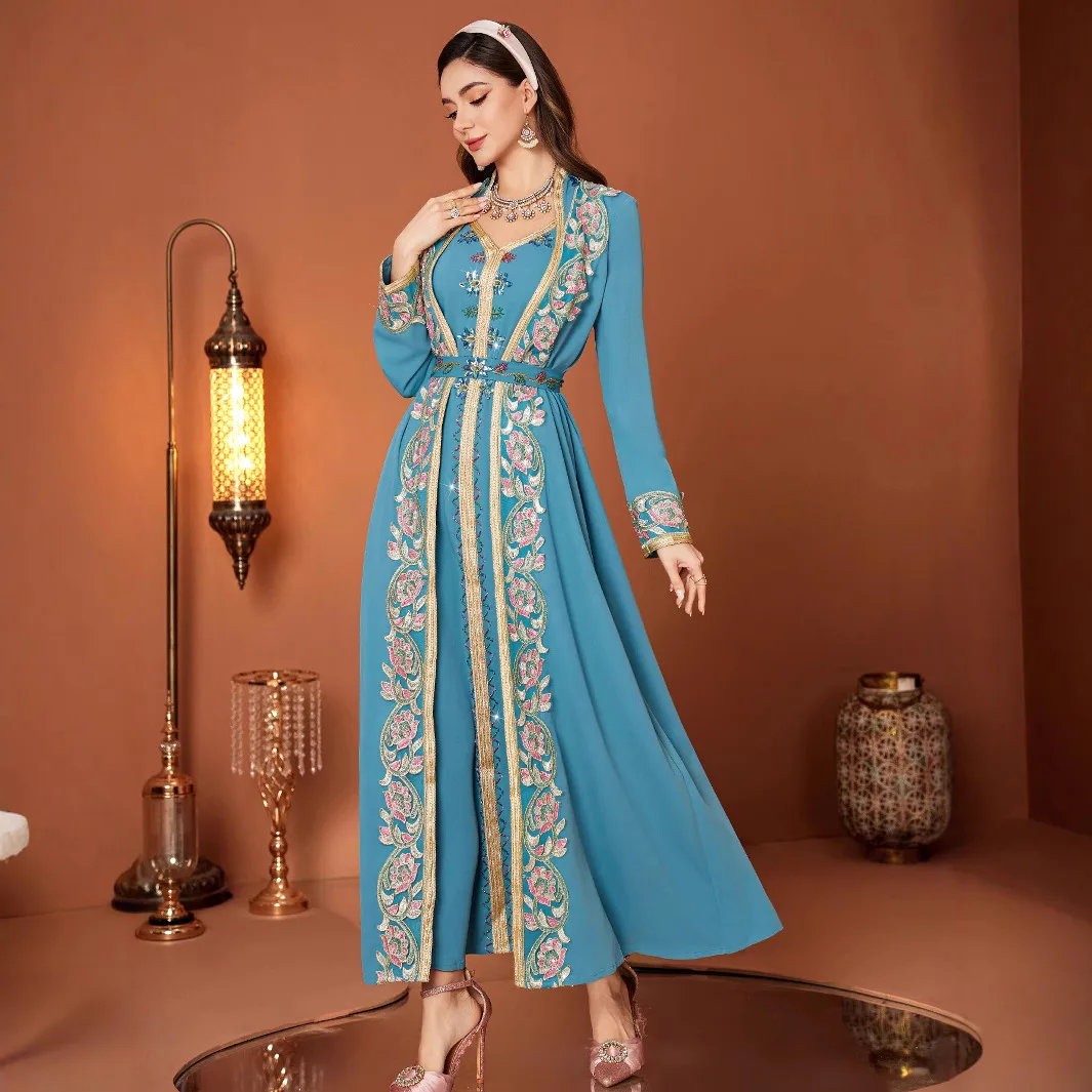 

Мусульманское платье Ид, женское платье Абая с кружевом и бриллиантами, длинные платья из 2 предметов, Vestidos Largos, вечерние кафтан, Рамадан, Дубай, длинный халат 2025