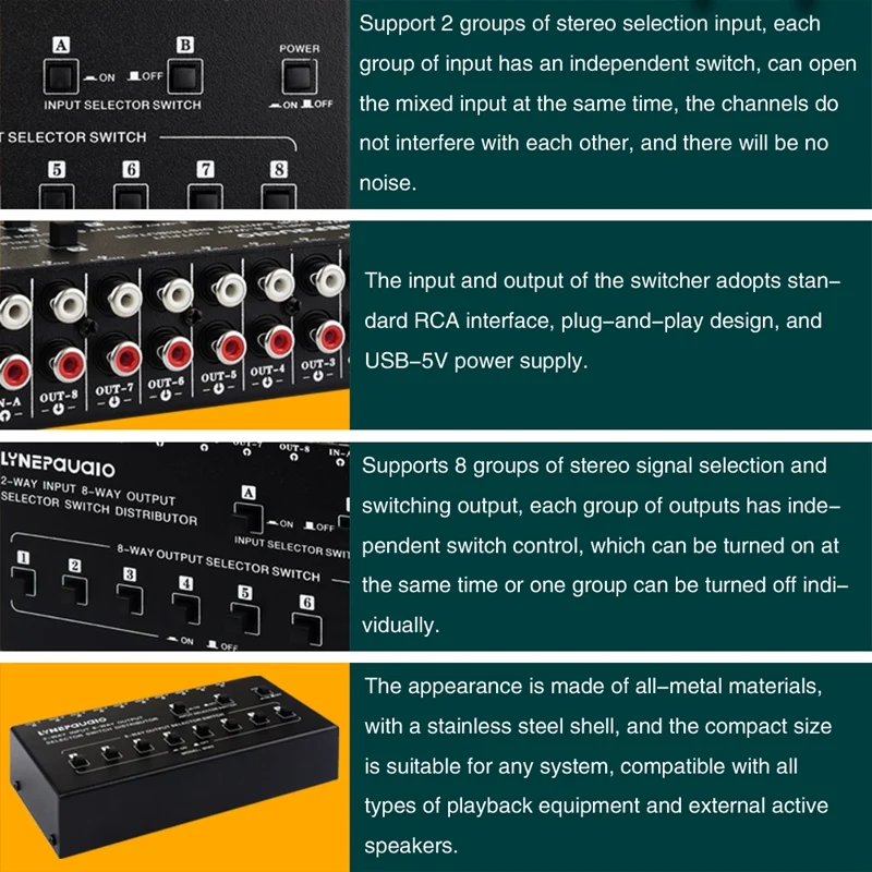 2 w 8 Out selektor sygnału Audio z możliwością zmiany biegów 2 zestawy wejścia i 8 zestawów wyjściowych interfejsów RCA