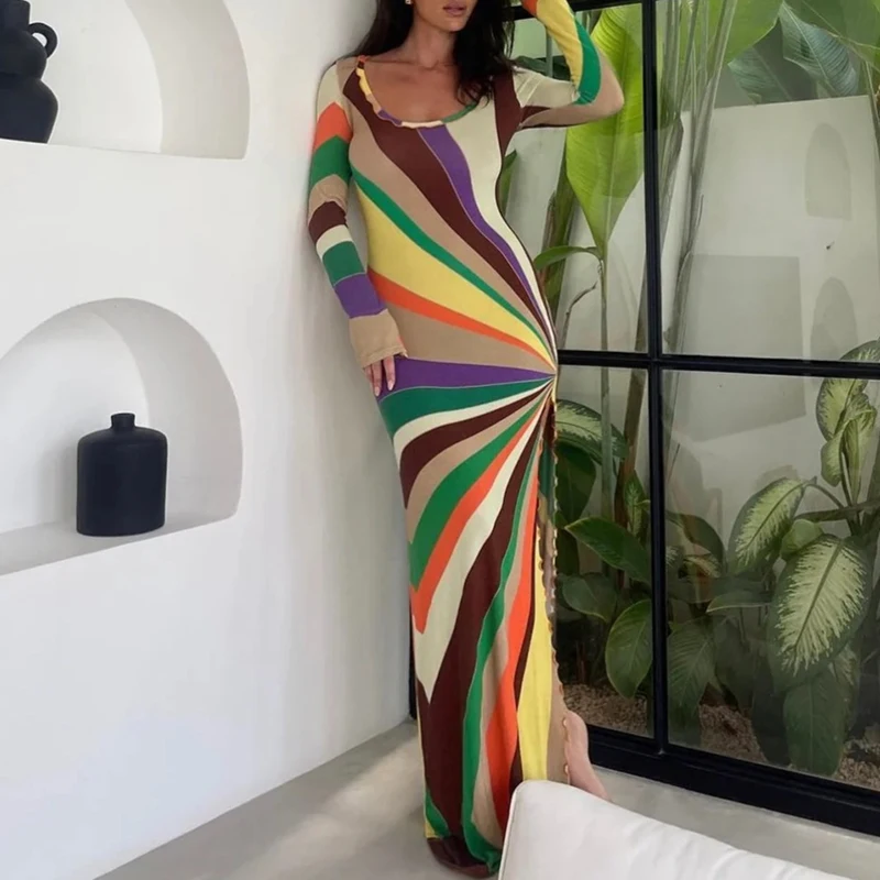 Vestido largo sexi con estampado de rayas coloridas para mujer, vestidos ajustados para mujer, vestido de noche de fiesta de arcoíris ajustado de otoño