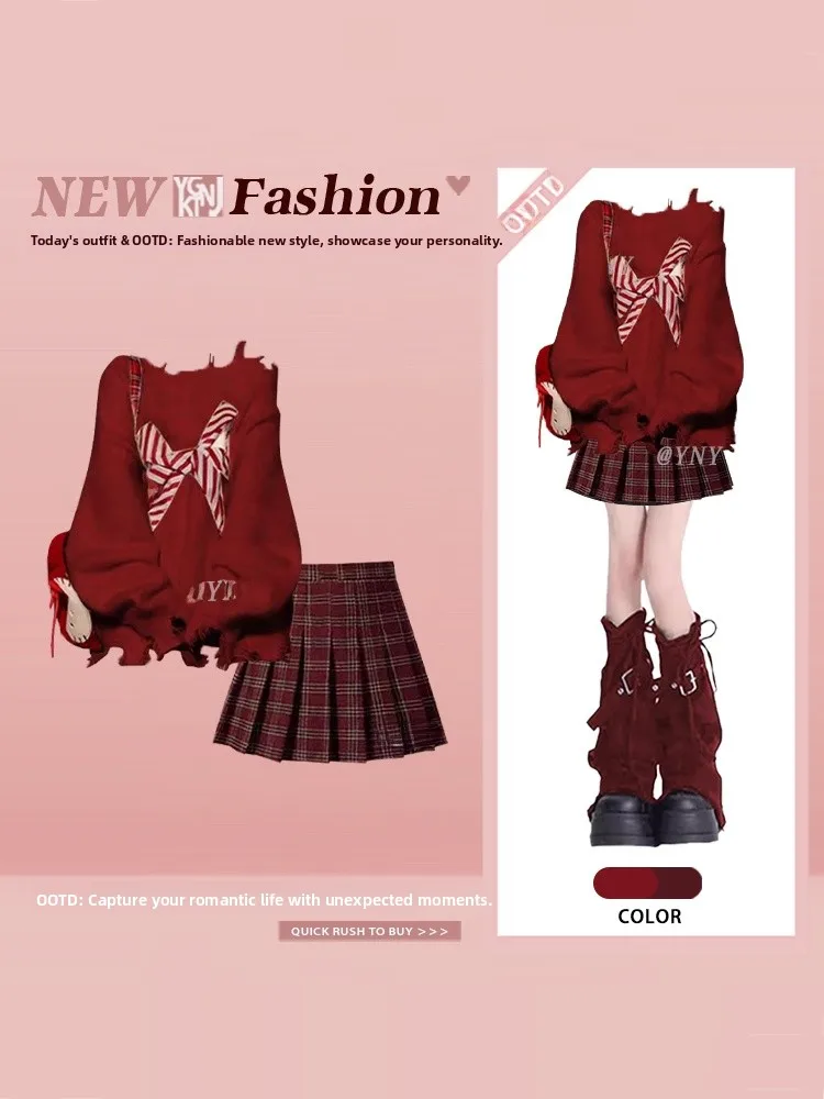 

Sweet Knot Red oulder Bared Knitted Sweater Loose Winter Plaid Skirt Two Piece Set for Women New Year Faion