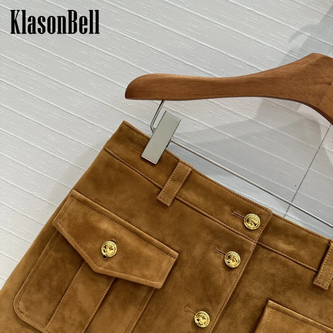 7.11 KlasonBell Women\'s Vintage Versatile Brown Cow Suede Short Skirt Gold Button Double Cargo Pocket Sheepskin Skirt