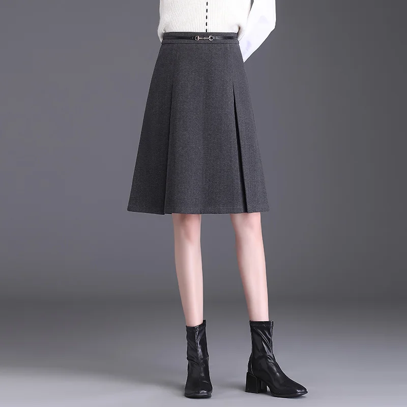 

High Quality Womens Autumn Winter Black Coffee Gray A-line Skirt Fashion High Waist Ladies S - 3XL Size Female knee-length Skirt