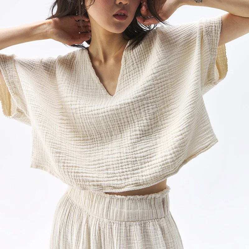 

100% Cotton Women Summer Sexy Loose Style Blouses V-Neck Short Sleeve Fashion Boho Women Cotton Tops Shirts