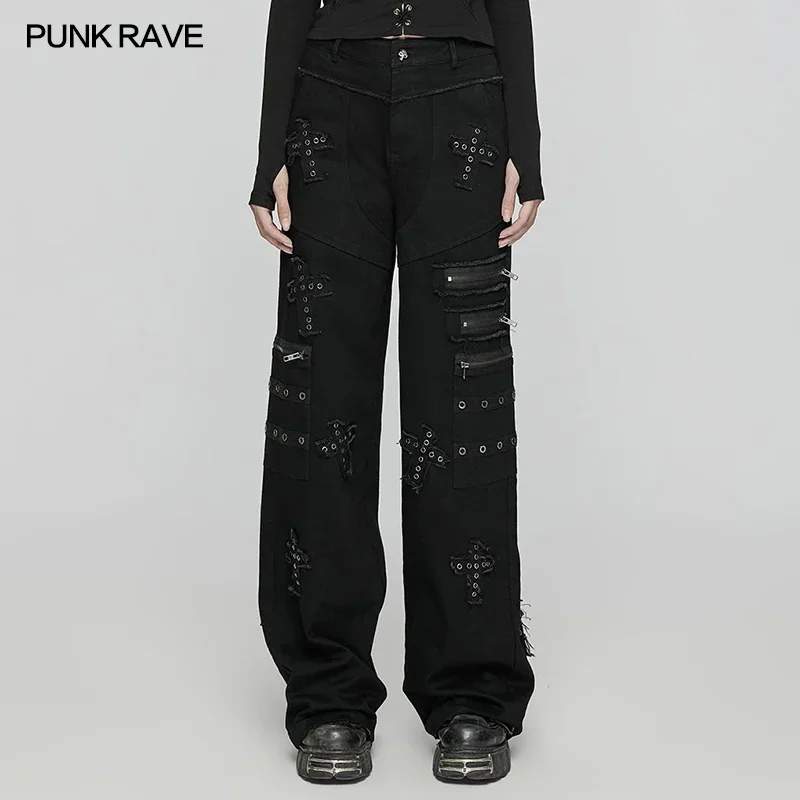 

PUNK RAVE Women's Punk Decadent Cross Patch Loose Straight Pants Rough Edges Design Twill Handsome Casual Personalized trousers