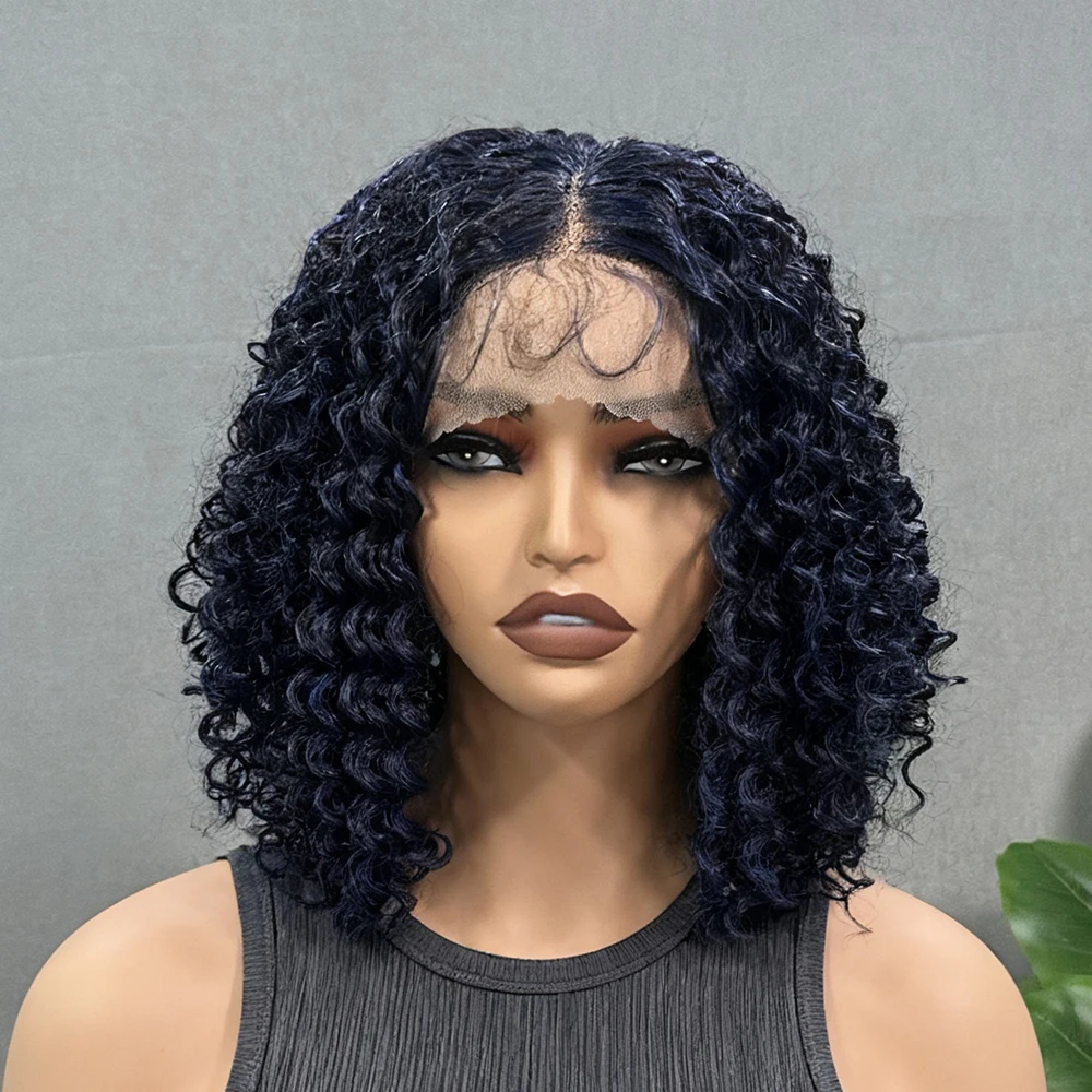 

Синтетические волосы Ombre синего цвета для женщин Kinky Cruly 16-дюймовый короткий парик Боб Средняя часть кружевного парика Повседневная одежда Модная прическа