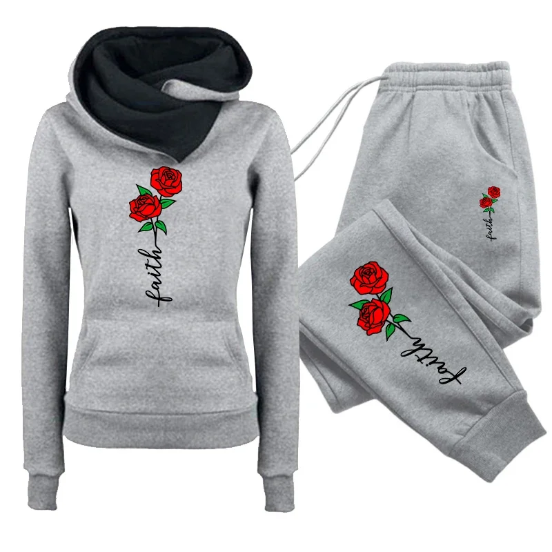 Women's Set/Hoodie/Pants Faith Flower Print Tracksuit Hooded Sweatshirt Sweatpants Fall Winter Female Daily Casual Sports Outfit