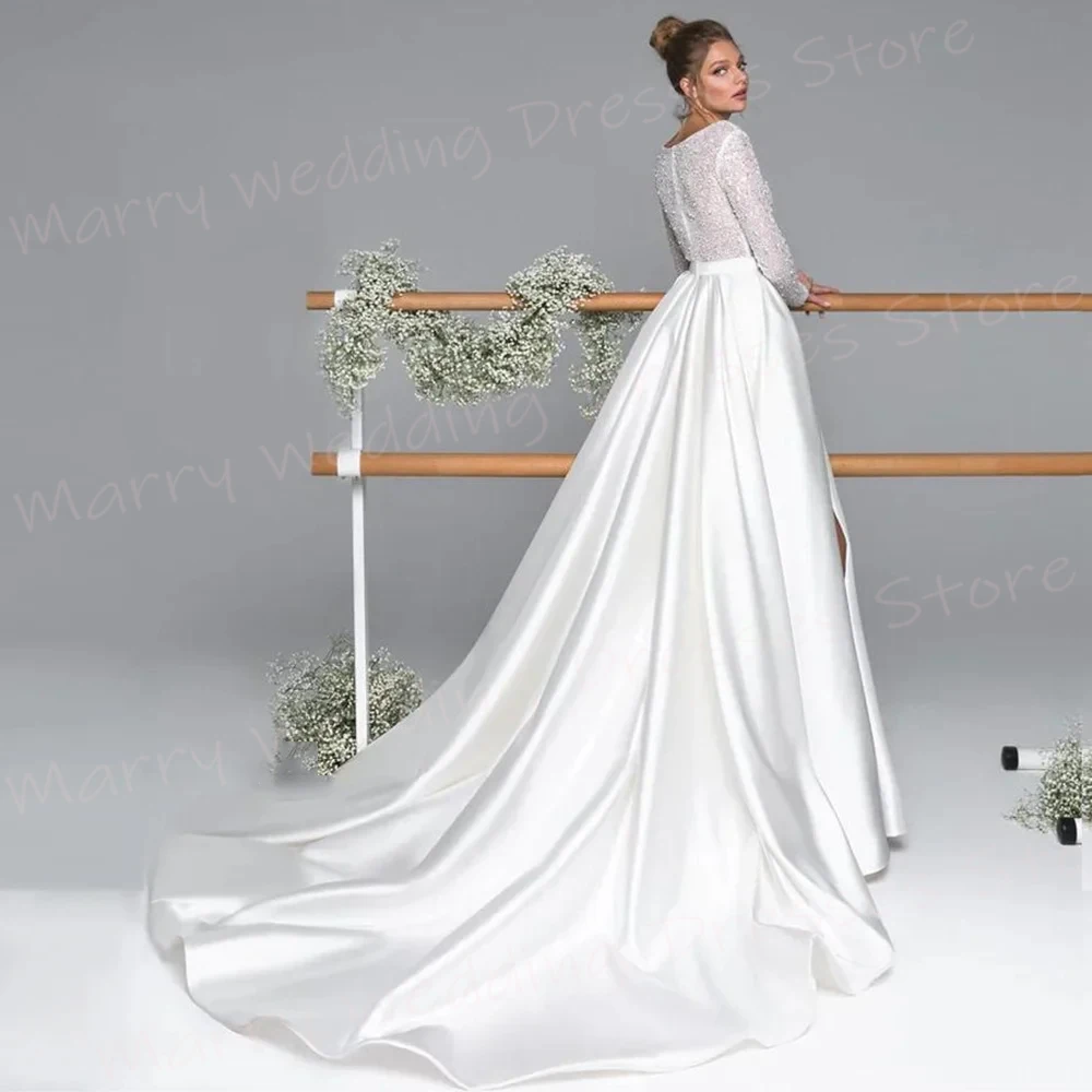 Affascinante scollo A V profondo una linea Abiti Da Sposa Da donna semplici Abiti Da Sposa A maniche lunghe Modern Sexy Side High Split Abiti Da Sposa