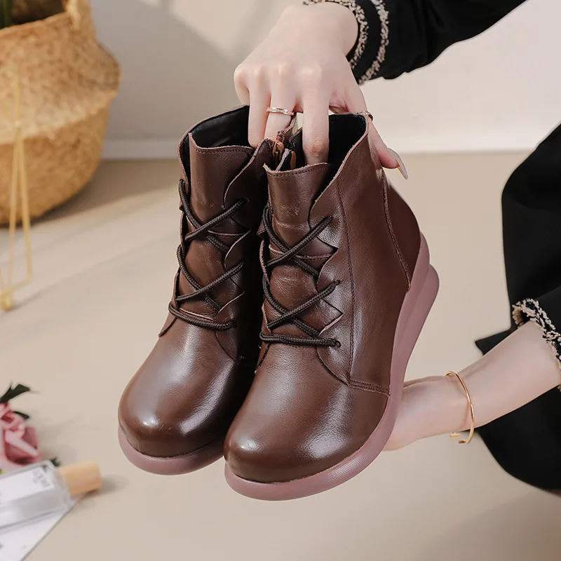 Xiuteng Women Shoes 2022 Spring Genuine Leather Female Short Boots Women Booties British Lace Retro Trend Women Naked Boots