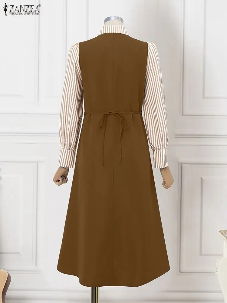 Zanzea 2025 mulheres vestidos longos outono manga longa listrado falso 2 peça camisas maxi robe moda elegante escritório festa vestidos