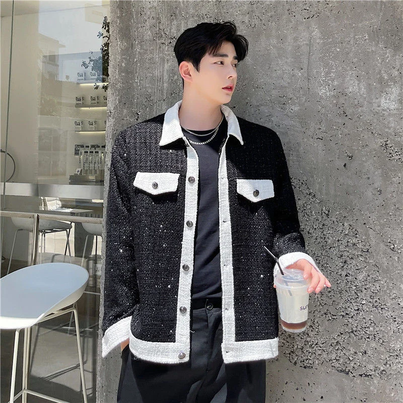 Fashion Menswear Chic Black And White Color Block Spliced Jacket Lapel Light Silk Tweed Coat Autumn Winter New Cloth