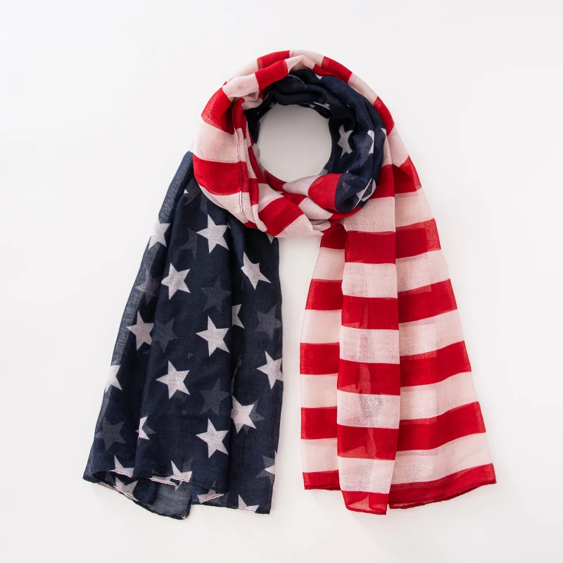 Fashion American Flag Oblong Scarfs Patriotic Stars Print Shawl Voile Soft Wrap Geometric Stripes Scarf