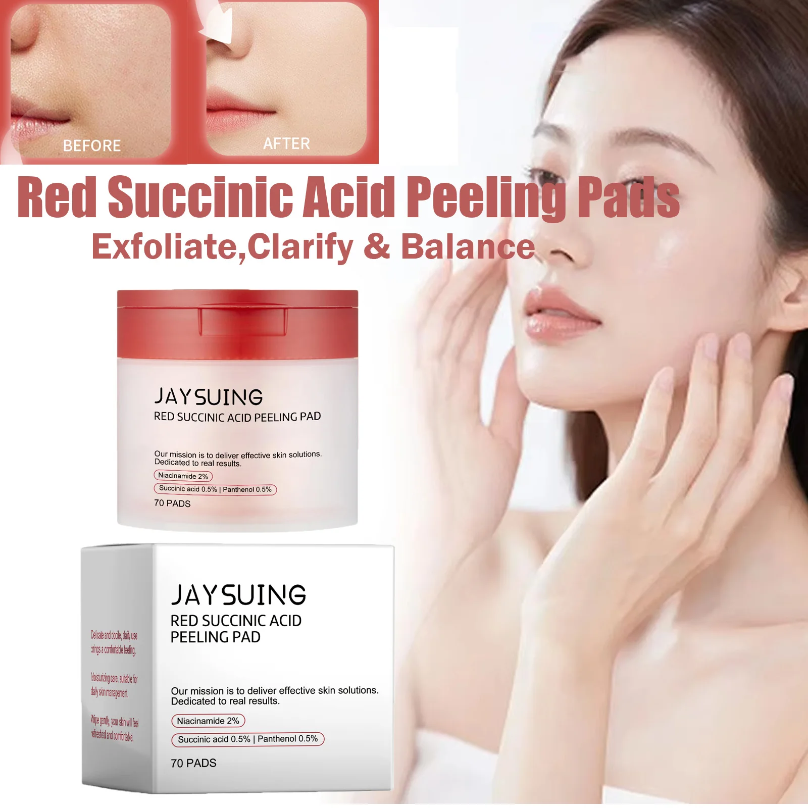 

70 шт., подушечки для пилинга с красной сукциновой кислотой, нежное отшелушивание, успокаивающие, увлажняющие, нежная гладкая кожа, пантенол, подушечки для пилинга для лица