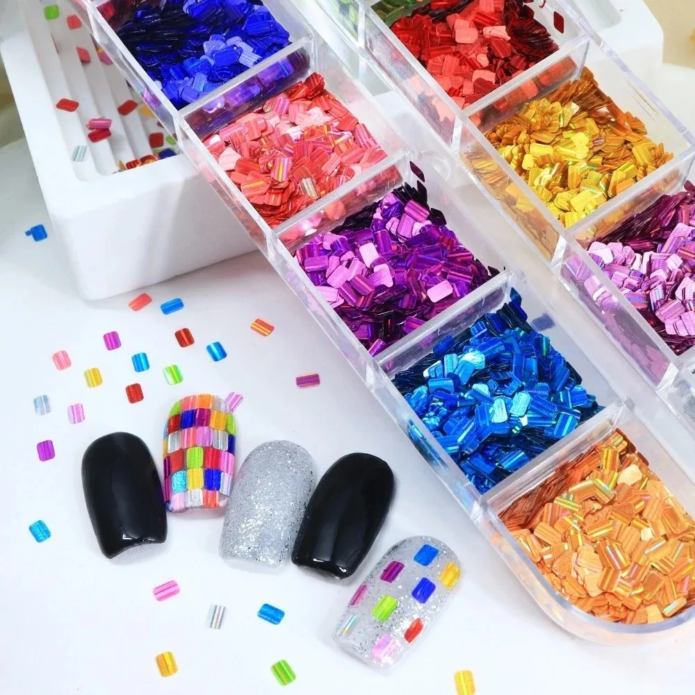 12-Grid Nail Art Sequins Holographic Laser Shiny Nail Decoration Accessories Square Shape Rectangular Shape