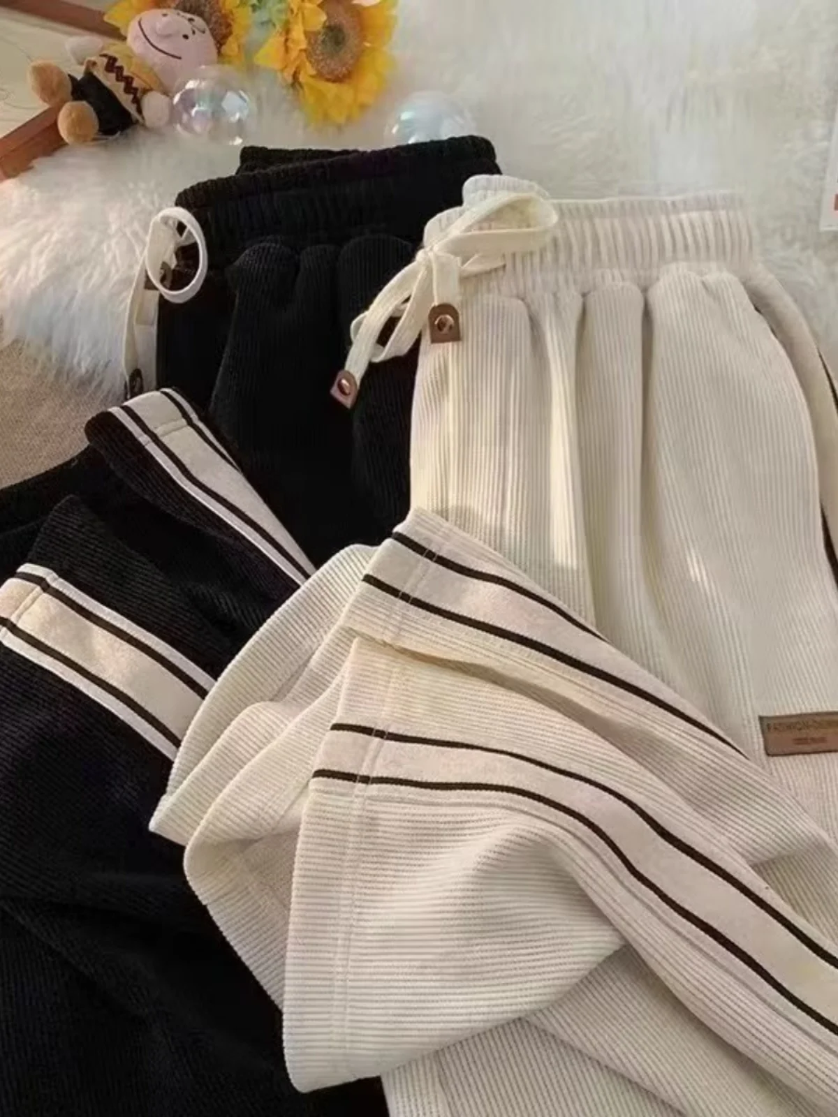 

Trendy Striped Loose Sports Pants High Waist Straight Leg Long Trousers for Autumn Winter Versatile Casual Floor-Length