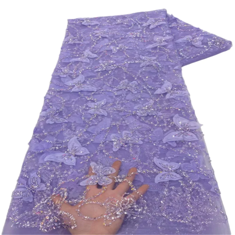 Purple African Sequins Lace Fabrics Latest Beaded Embroidery French Tulle Mesh Lace Fabric Material For Party Wedding X99-4